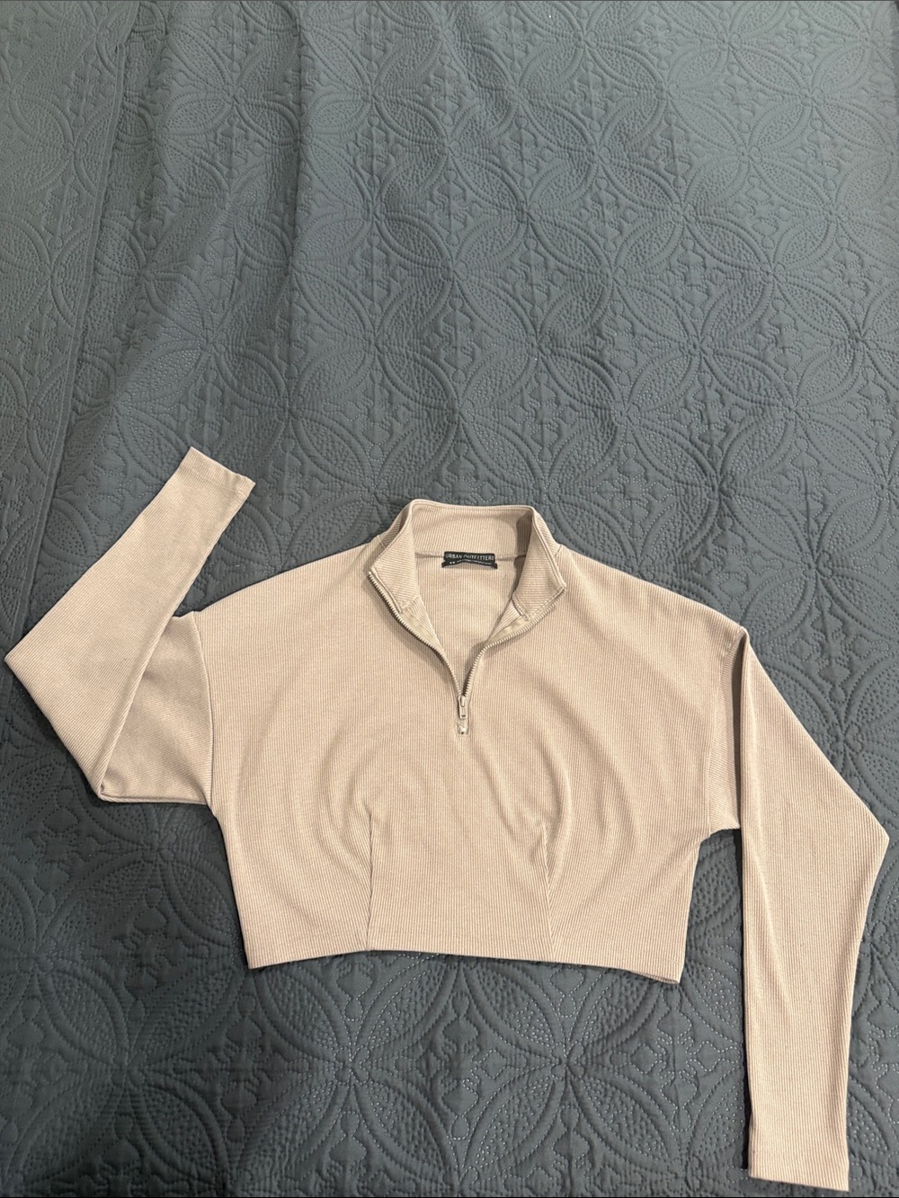 Urban Outfitters Beige Cropped Quarter-Zip Knit Top